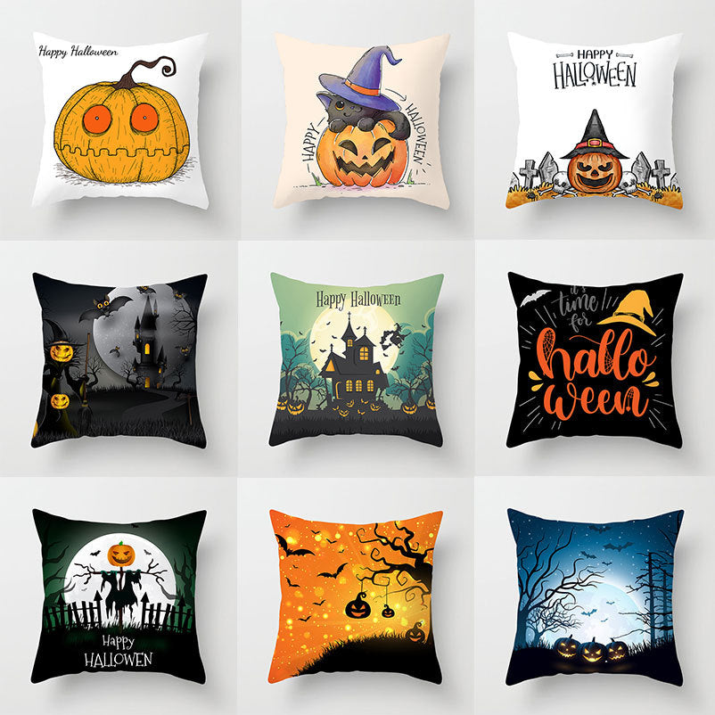 Grid of nine Halloween cushion cover designs with pumpkin, witch and haunted-house artwork