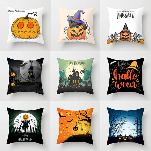 Grid of nine Halloween cushion cover designs with pumpkin, witch and haunted-house artwork