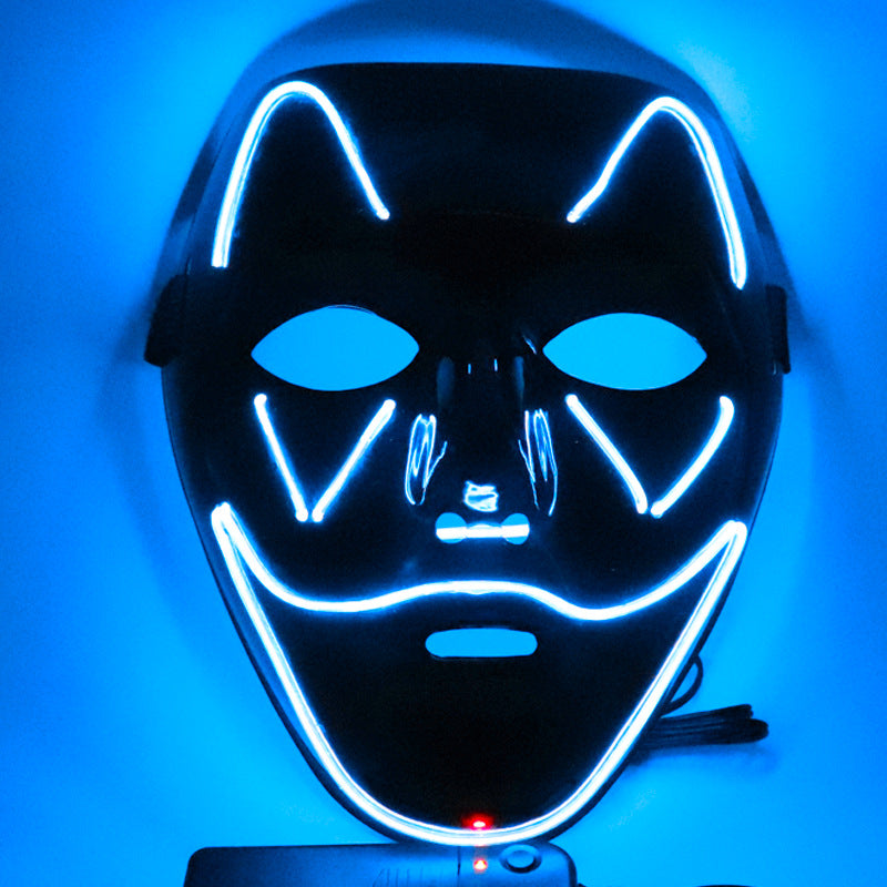Black Halloween face mask outlined with glowing blue wire lights