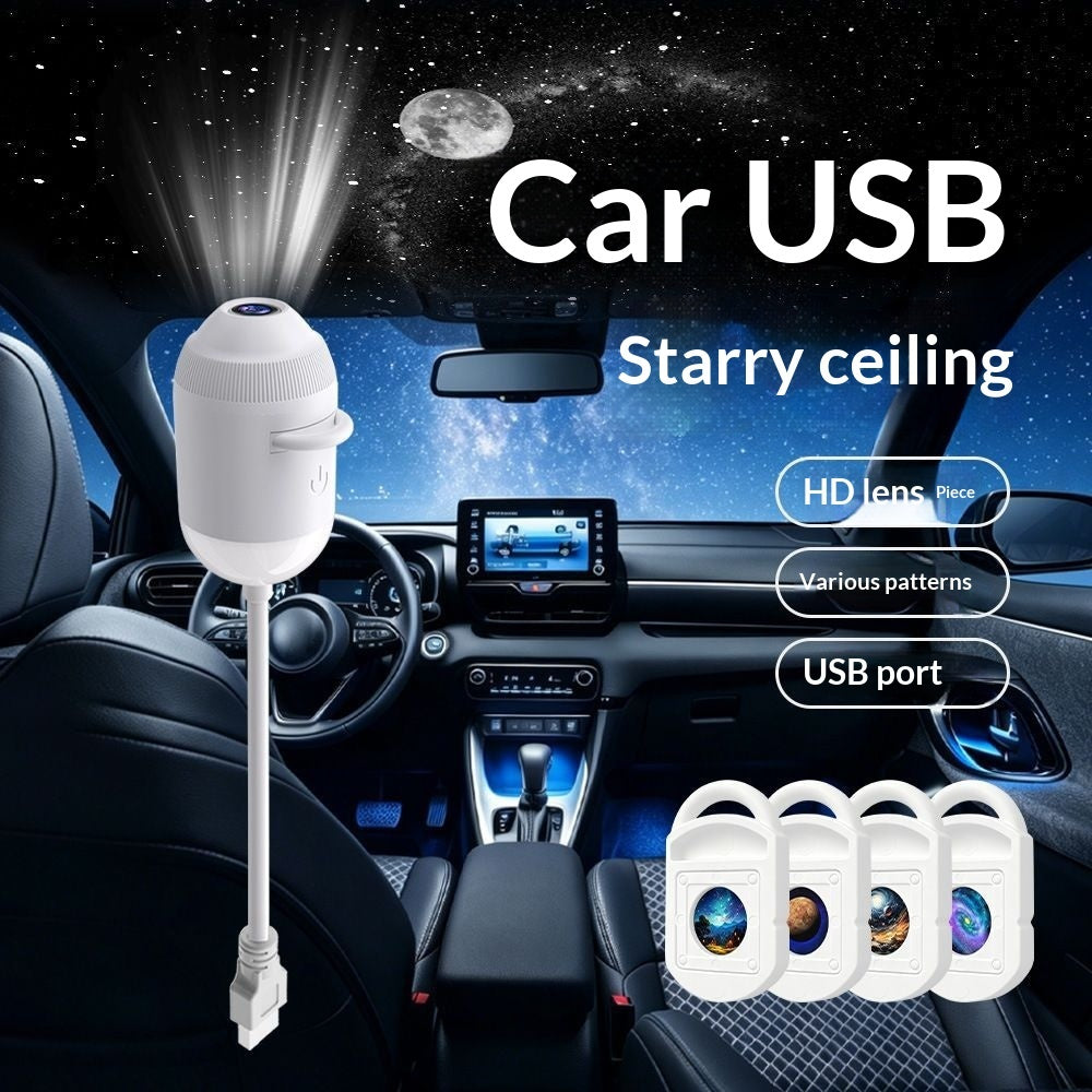 White USB star projector projecting a starry sky and moon across a bedroom ceiling