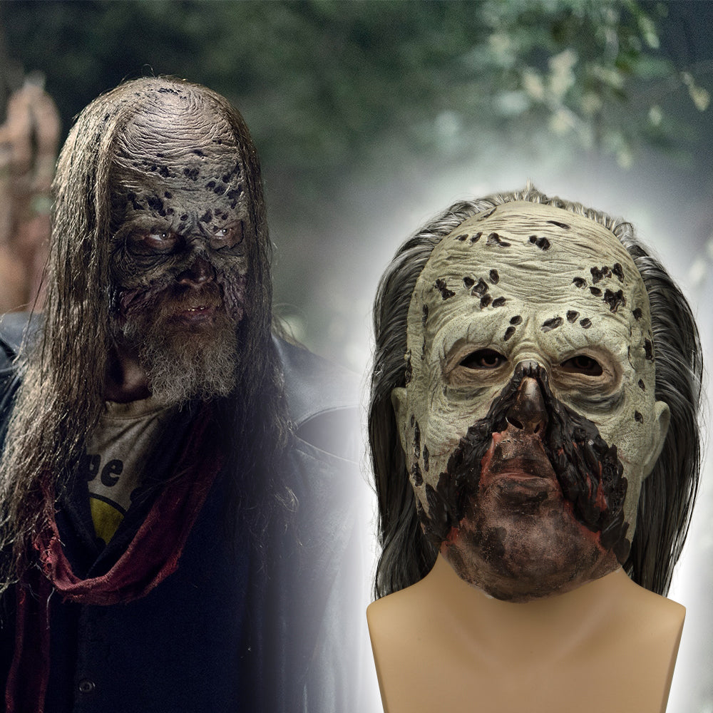 Realistic horror face mask with attached long grey hair, shown on a stand
