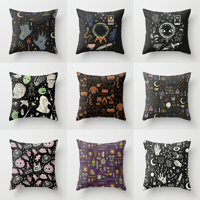 Grid of nine dark Halloween cushion cover designs with white line-art skulls and spooky motifs