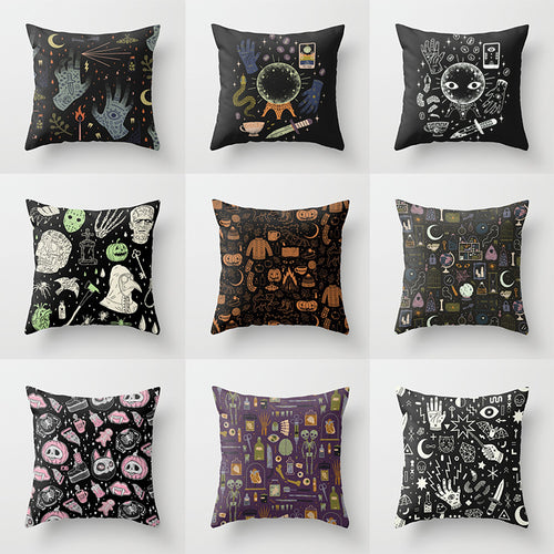 Grid of nine dark Halloween cushion cover designs with white line-art skulls and spooky motifs