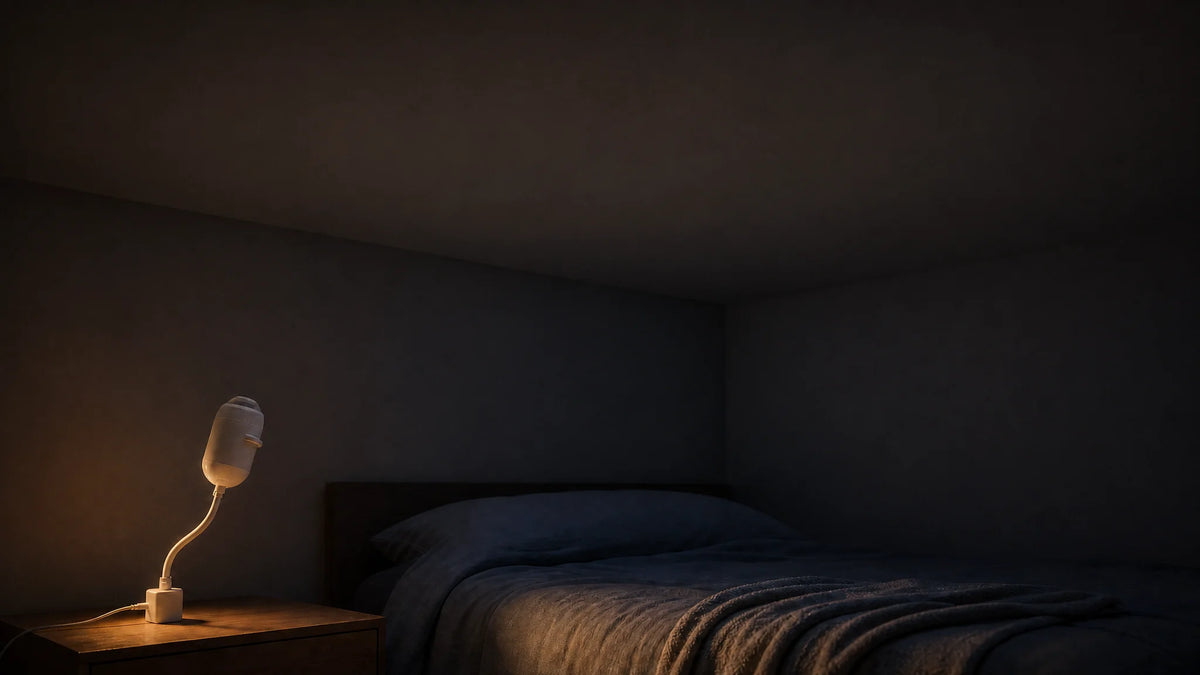 Dark bedroom ceiling with the small USB star projector switched off on a bedside table