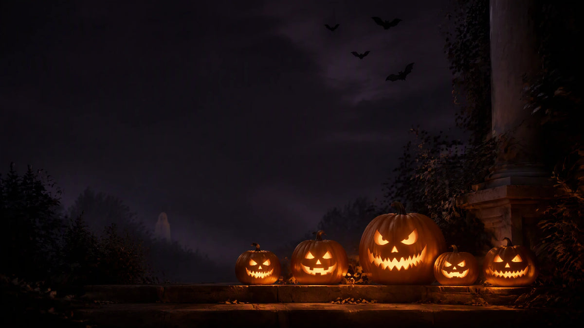 Halloween entryway at night with a row of glowing carved pumpkins and bats across a dark sky
