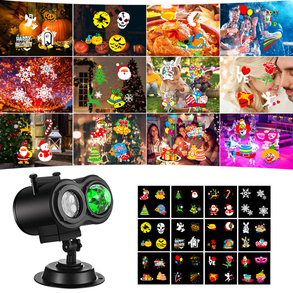 Various seasonal projection scenes including Christmas and Halloween