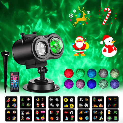 Dual-lens projector with 15 swappable pattern cards for holiday decor