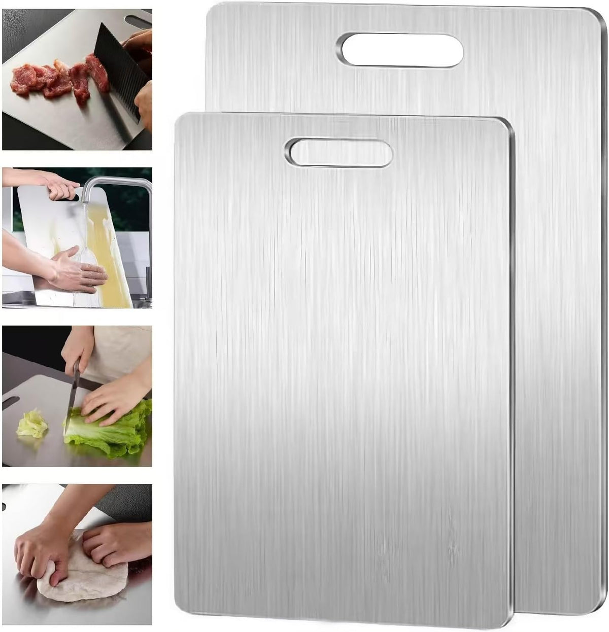 Double-sided stainless steel cutting board on a kitchen counter