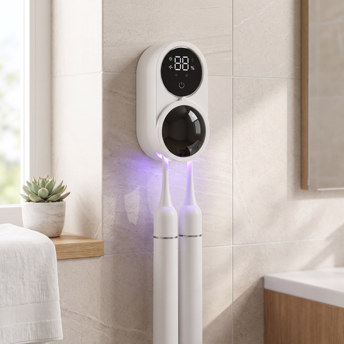 UV toothbrush sanitizer holding toothbrushes on a bathroom counter
